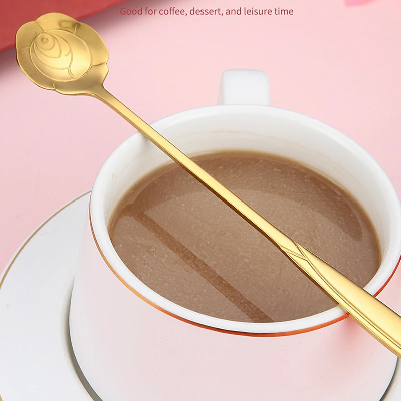 1Pcs Coffee Spoon Stainless Steel Cherry Blossom Rose Creative Long Handle Gold-plated Flower Spoons Kitchen Accessories