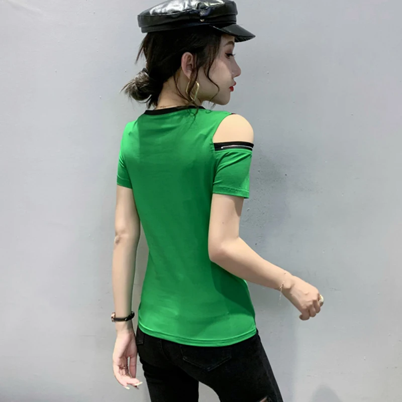 2023 Summer Korean Style Cotton T-Shirt Women Chic Sexy Off Shoulder Spliced Zipper Tops Short Sleeve Color Blocking Tees 35024