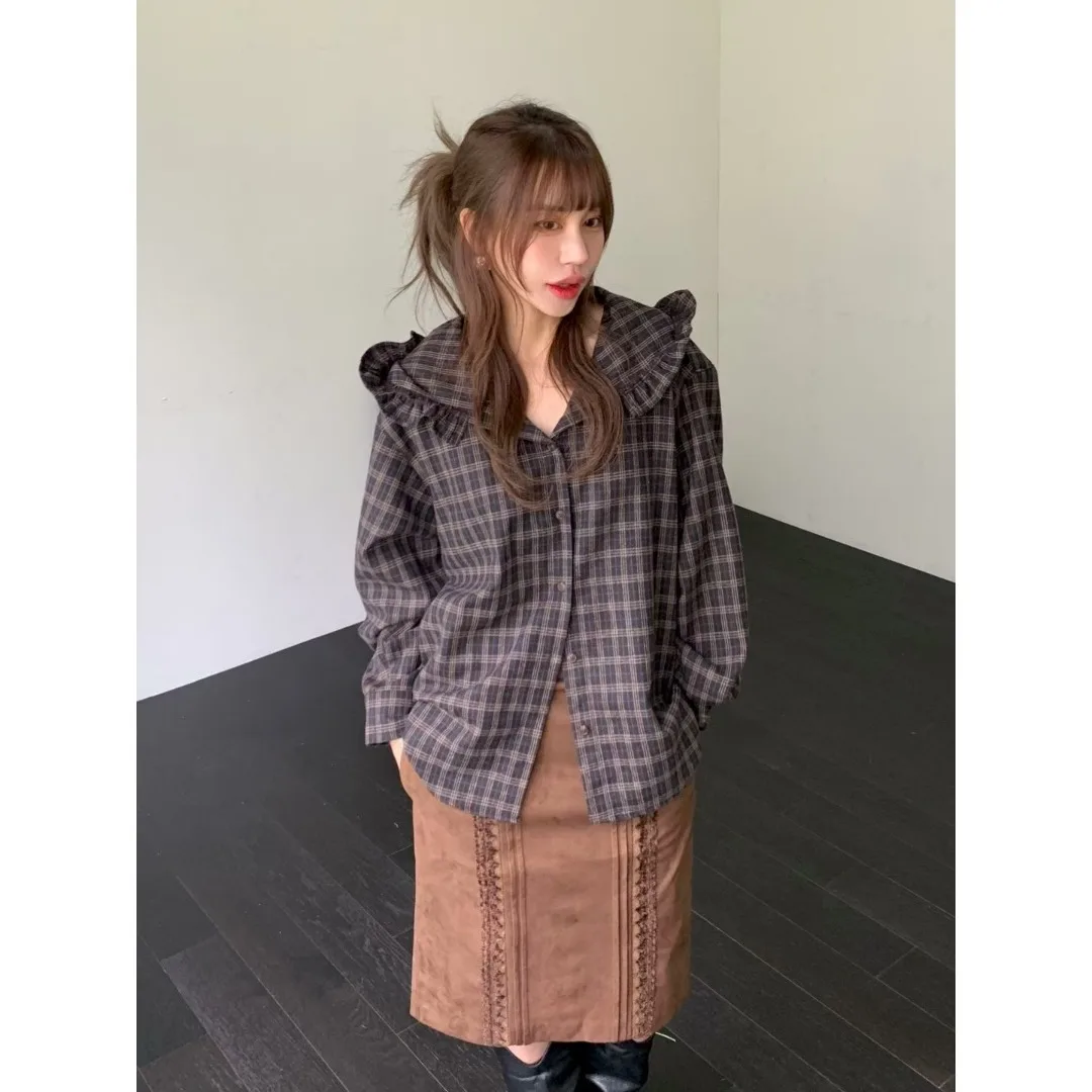 

Универсальная шикарная клетчатая рубашка в корейском стиле для женщин, модная, весенне-осенне-зимняя, с защитой от УФ-излучения, стандартного кроя, для ношения под одеждой, повседневная рубашка