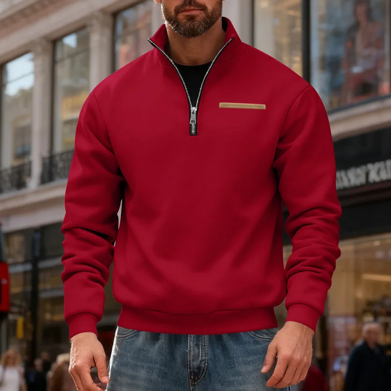 Maglione sportivo con striscia di colore a contrasto, colletto rialzato termico da uomo allentato pesante in velluto invernale americano, vendita calda