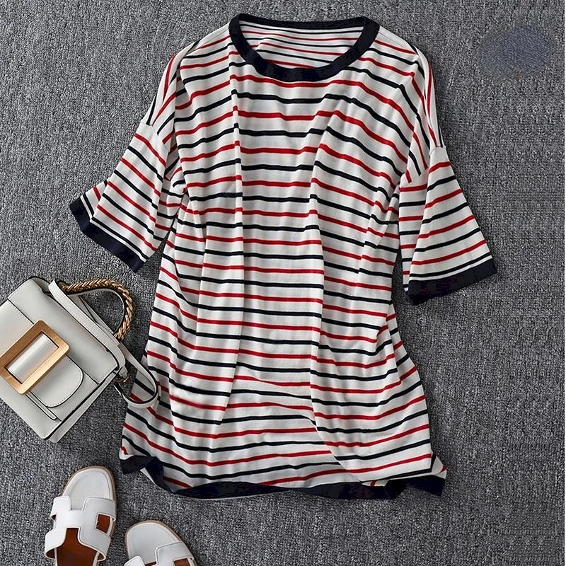 Knitted T-shirts Women Fashion Ice Silk Short Sleeve Tops Summer Trend Thin Loose T Shirt Breathable Striped Tshirt Y2k Clothes