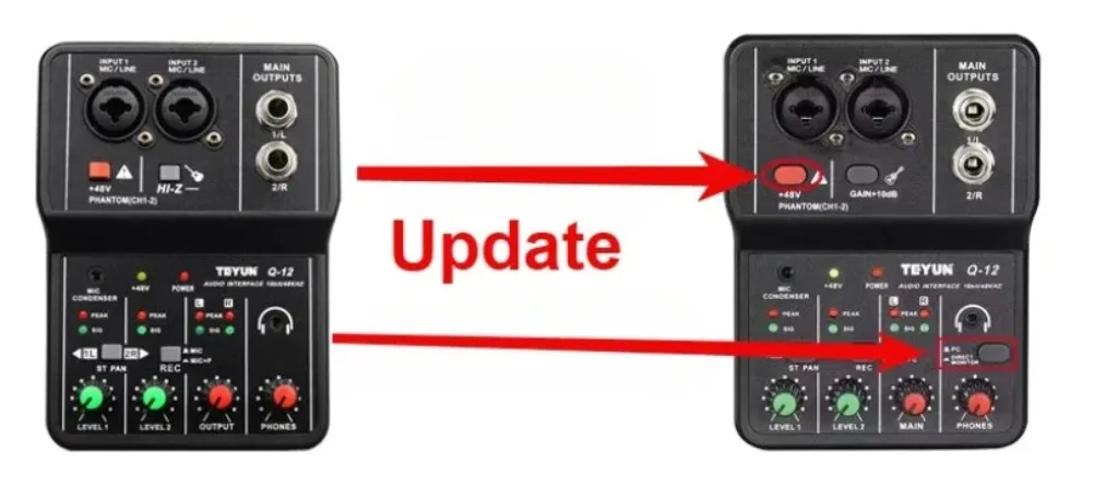المحمولة 2 قنوات المهنية واجهة الصوت كارت الصوت وحدة التحكم USB صغير خلاط لتسجيل الغيتار استوديو الغناء TEYUN Q12