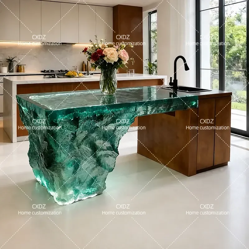Transparent Luminous Island Dining Table Integrated Light Luxury Villa Partition Epoxy Resin Bar Table Custom Kitchen Cabinet