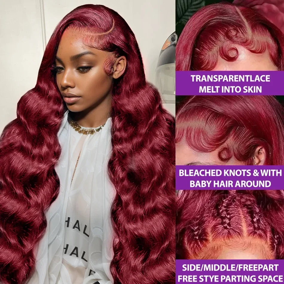 Burgundy 99J Body Wave 13x4 Lace Frontal Human Hair Wig 200 Density 13x6 Transparent Lace Frontal Wigs Red Colored Remy Hair