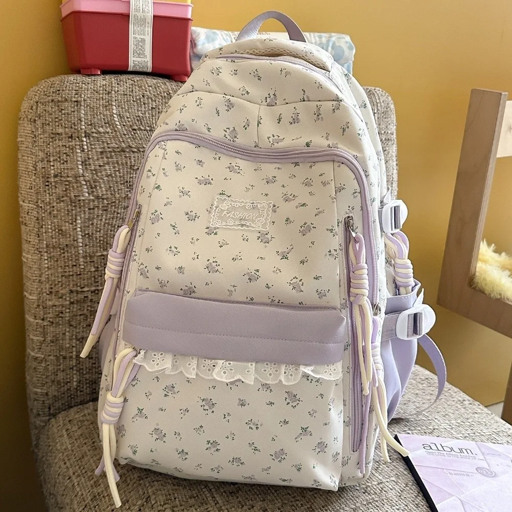 Lace Decor Floral Print Backpack Large Capacity Star Pendant School Bag Fresh Aesthetic Ultra Lightweight Bookbag Back To School