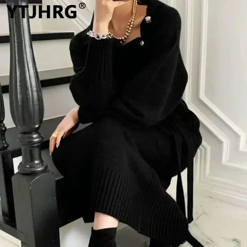 YTJHRG Women\'s Knitting Dresses Turtleneck Party Sweaters Long Sleeve Female Clothing 2024 New Autumn Winter Skirts Pullovers