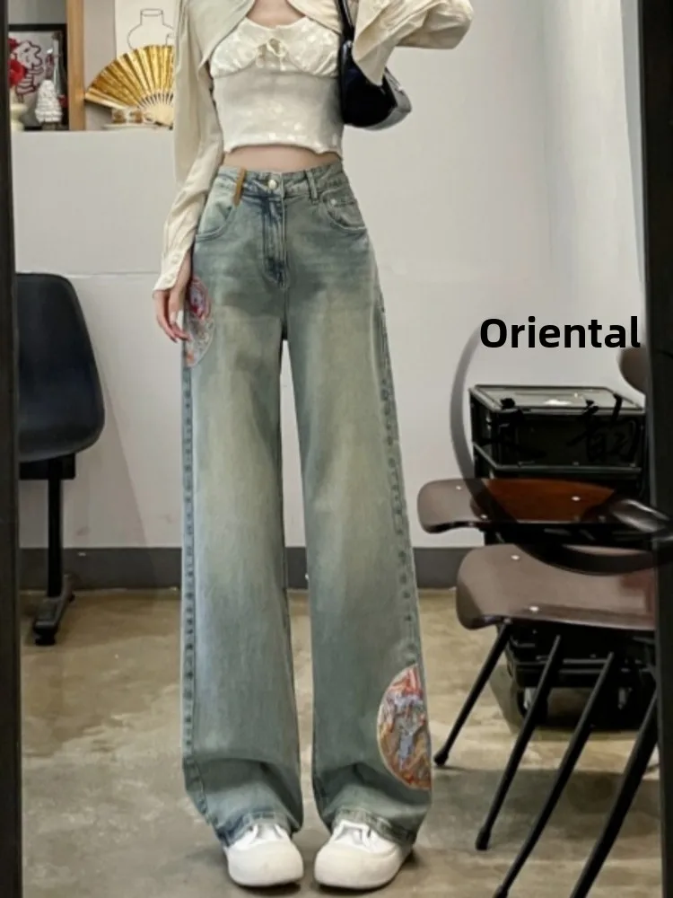 

Summer Style Embroidered Wide Leg Jeans Women's High Waist Blue Denim Pants Casual Comfortable Fit All Seasons Fashion