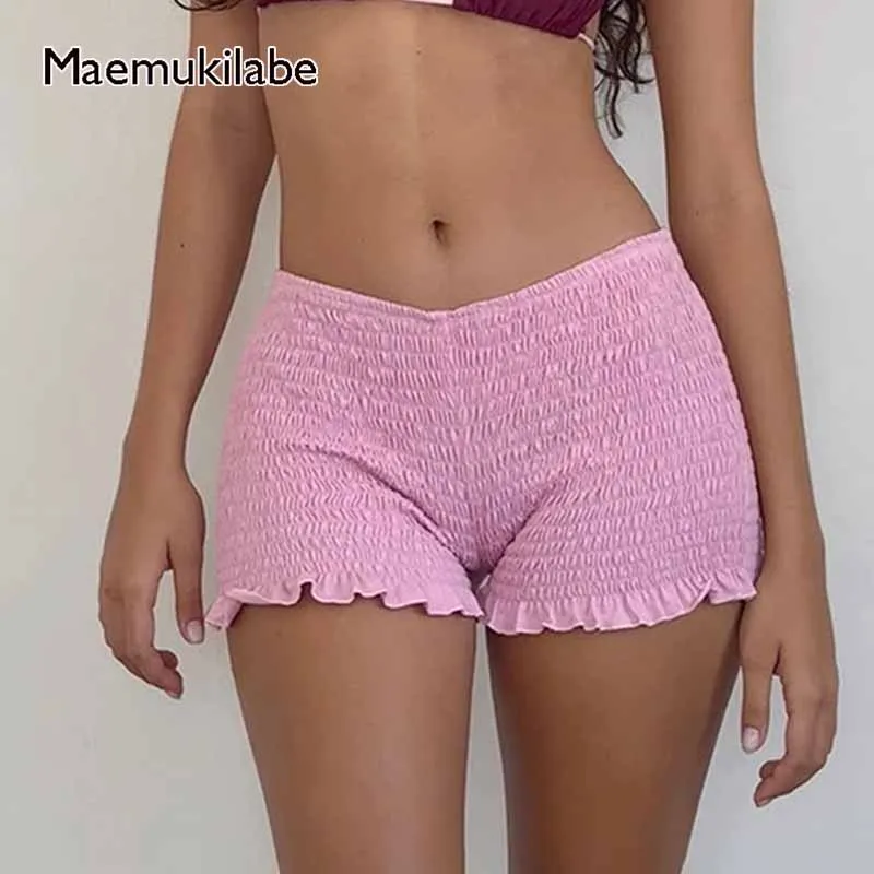 Maemukilabe Summer Skinny Safe Pants Kawaii Y2K Bottoms Women Shirred Shorts Casual Elastic Waist Ruffled Short Pants Streetwear