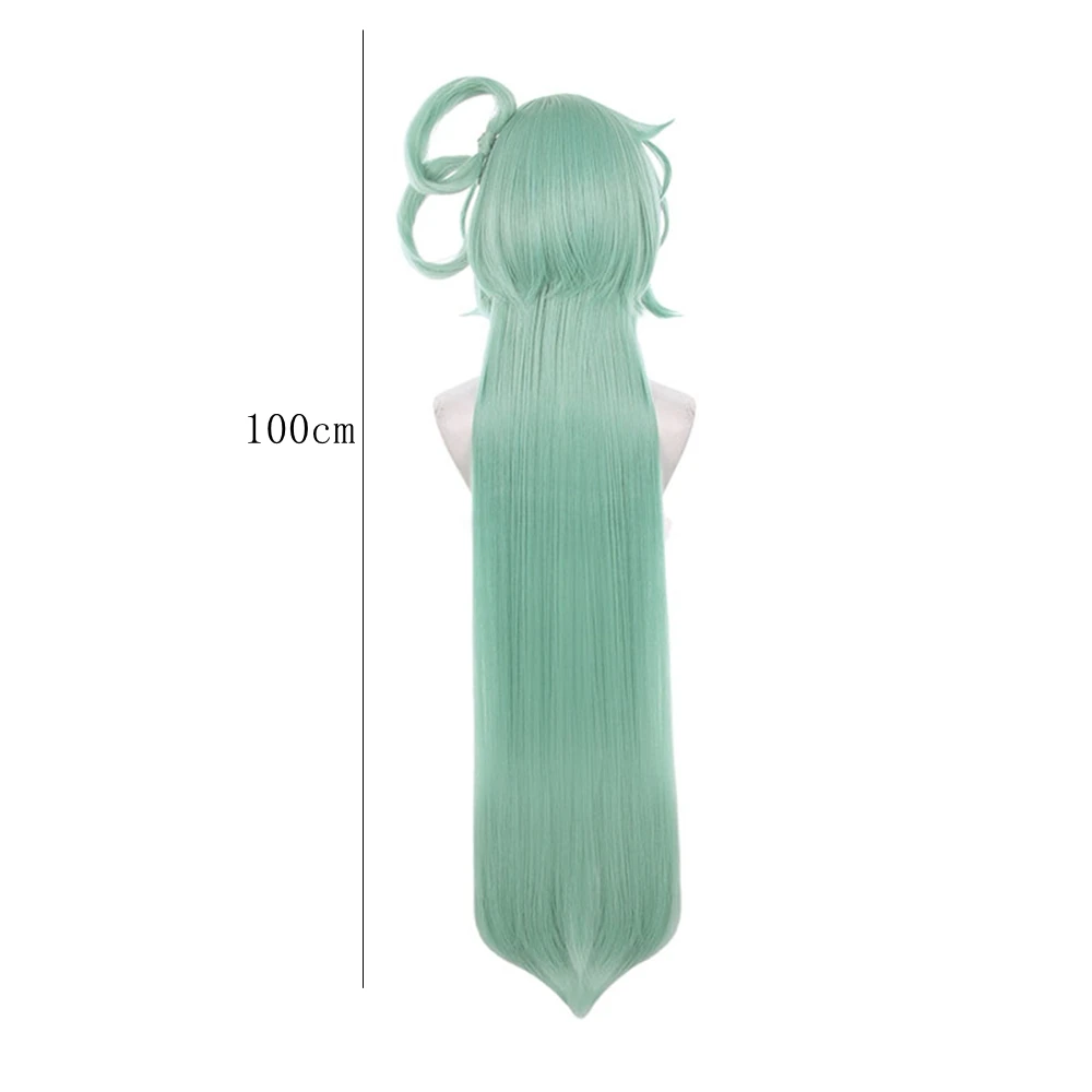 Mint Green Long Cosplay Wig Heat Resistant Synthetic Hair High Ponytail Red Ribbon Ahoge for Anime Game Party Costume Prop