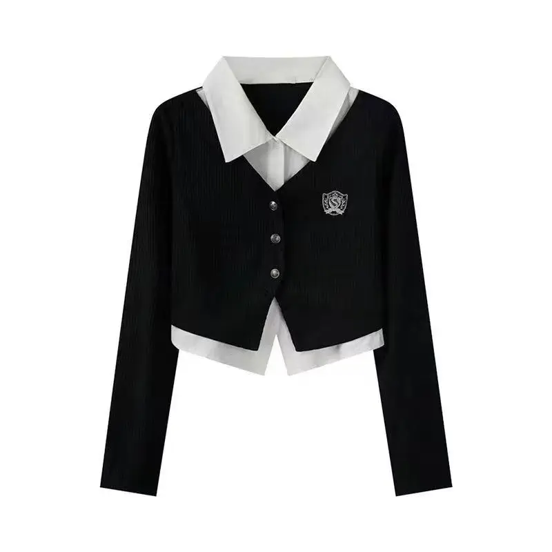 

Deeptown Black Fake Two Pieces Shirts Women Preppy Embroidery Long Sleeve Crop Blouses Slim Korean Fashion Aesthetics Casual