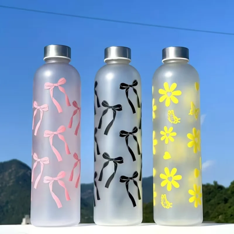 Plastic Cup Fresh Plastic Frosted Personalized Bow Floral Pattern Water Bottle Large Capacity Sports Water Bottle 1000ml