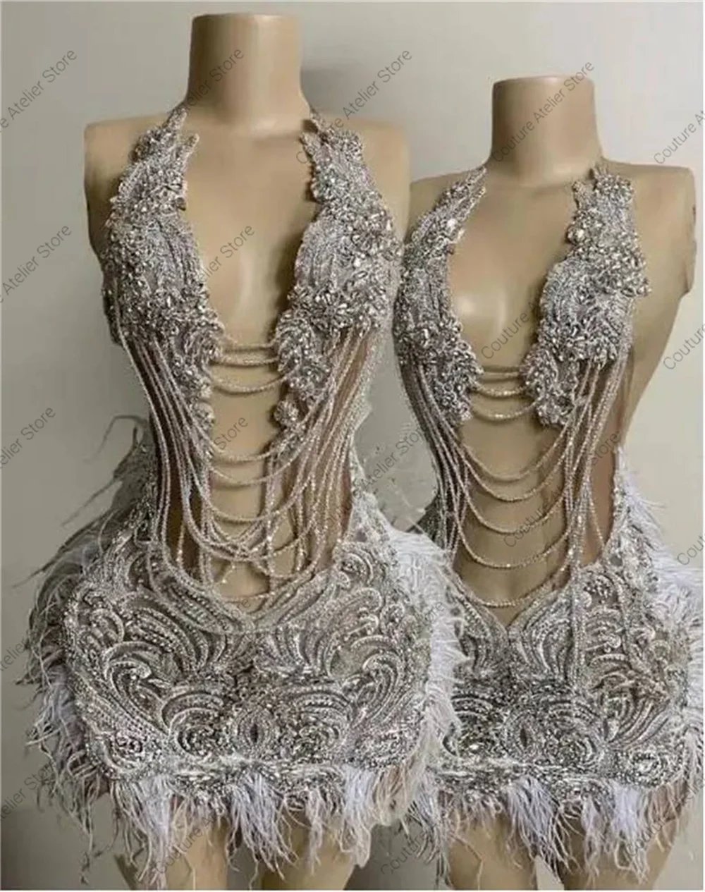 See Thru Beaded Silvery Rhinestones Mini Prom Dresses Tassels Mermaid Gown Black Girls Cocktail Luxury Dress 2024 Customized