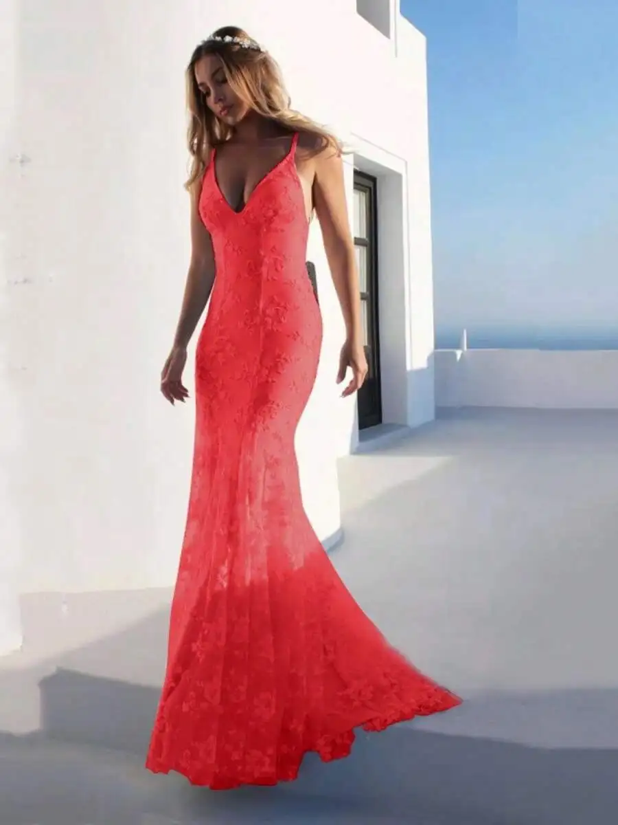 

Red Lace V-Neck Floor Length Mermaid Dress For Women