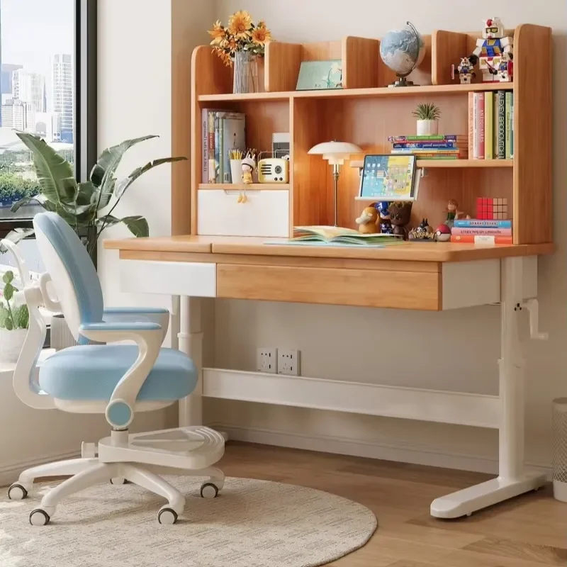 Adjustable Height Study Desk for Kids Rubber Wood Multi Function Table Compatible with Children Bedroom School Furniture