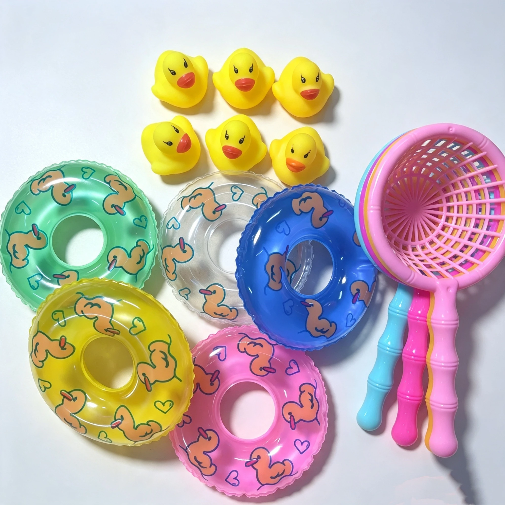 Kids Floating Bath Toys Mini Swimming Rings Rubber Yellow Ducks Fishing Net Washing Swimming Toddler Toys Water Fun