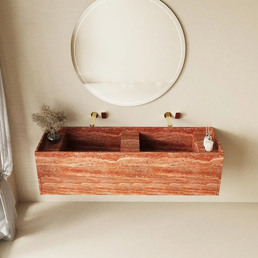 Double Sink Vanity Set: Italian Red Travertine, Dual Faucets, Narrow Frame Deep Basin & Child-Safe Edges