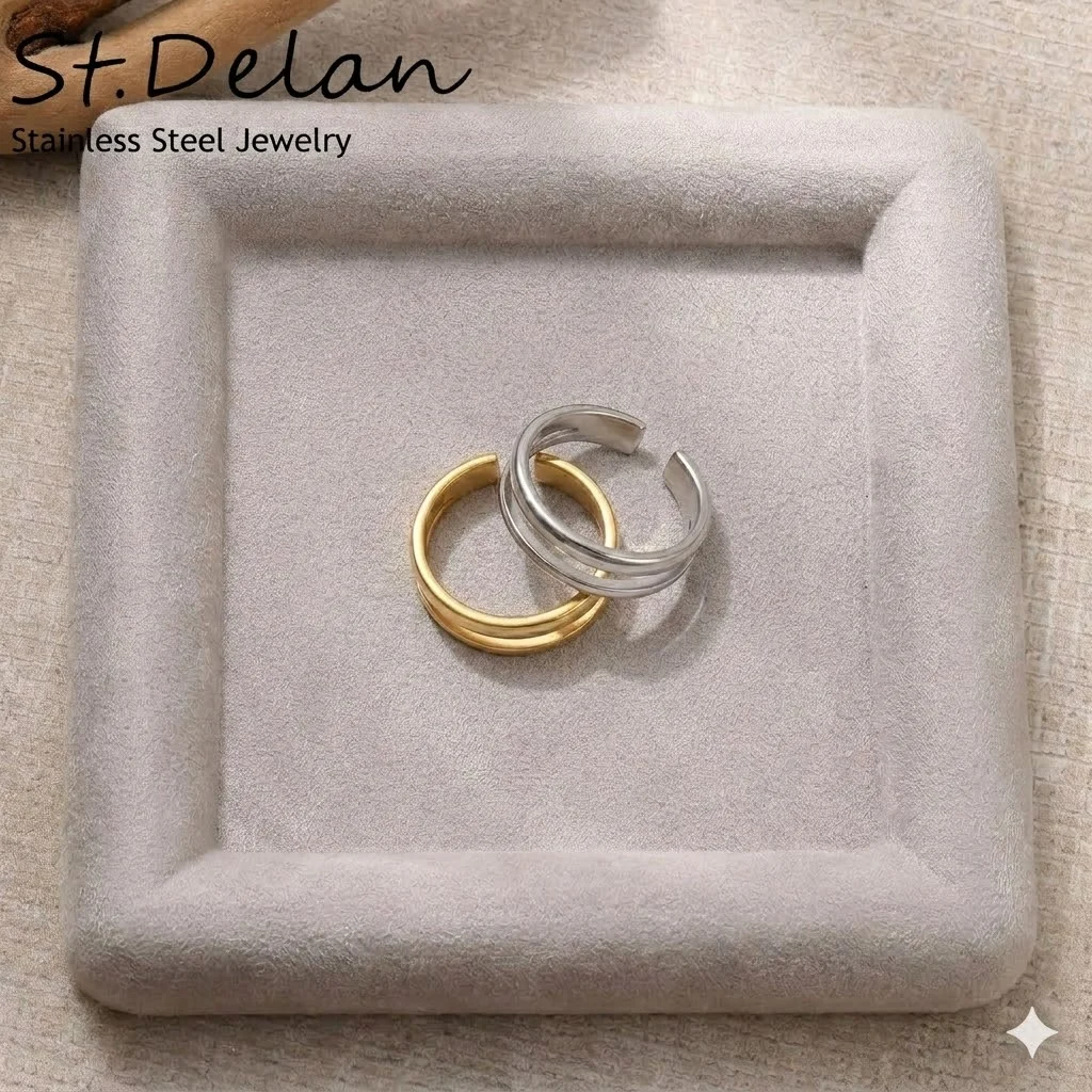 St-Delan Vintage & Minimalist Open Ring for Women — Double-Layer Adjustable 18K Gold-Plated Stainless Steel Jewelry