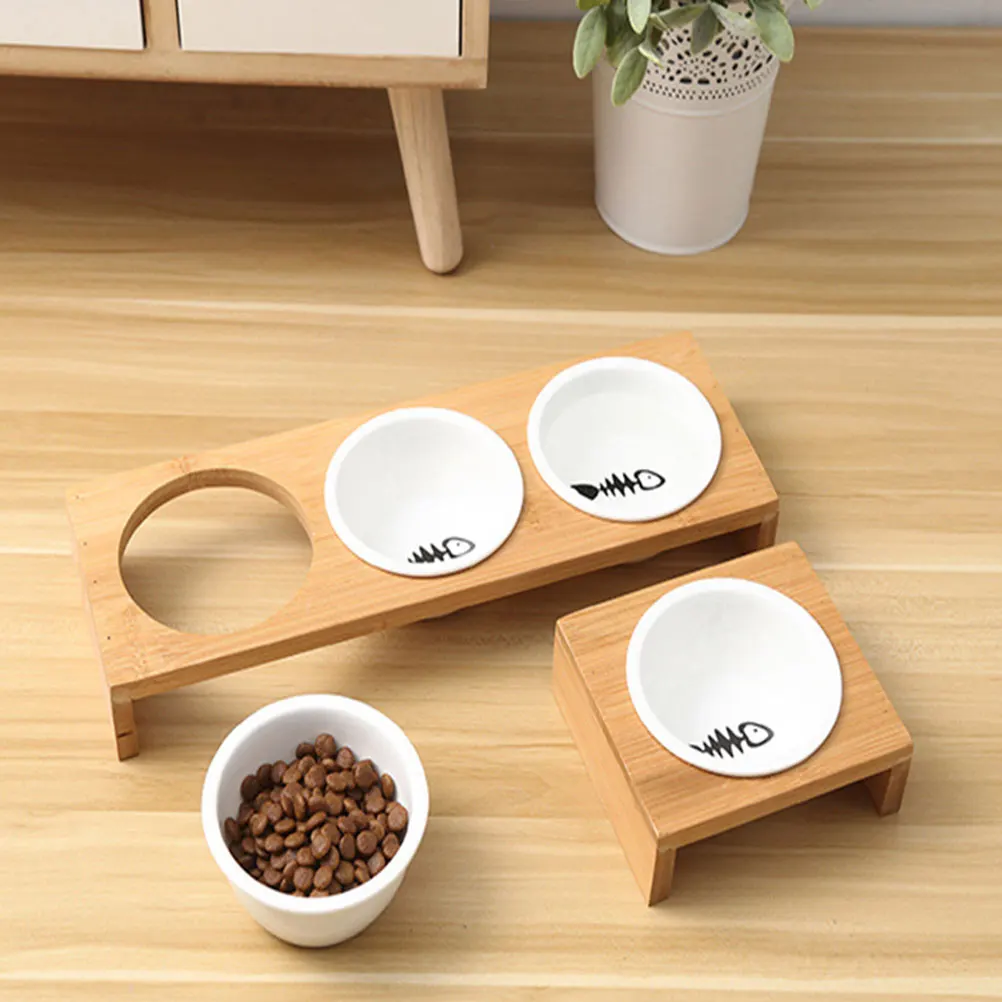 

1 Set Of High-Quality Elevated Cat Feeding Bowls With Bamboo Stand And Ceramic Dog Water Bowl