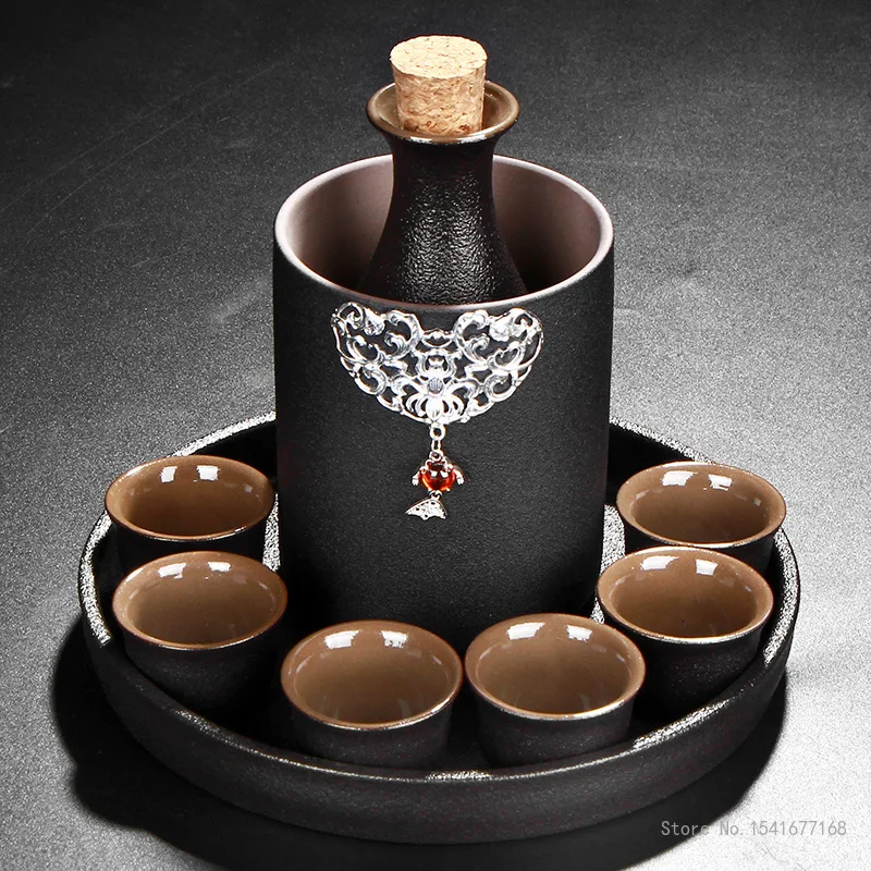 Japanese Style Ceramic Sake Pot Cup Set, Black Pottery Liquor Flask, Wine Bottle Cups Tray, 9Pcs Set