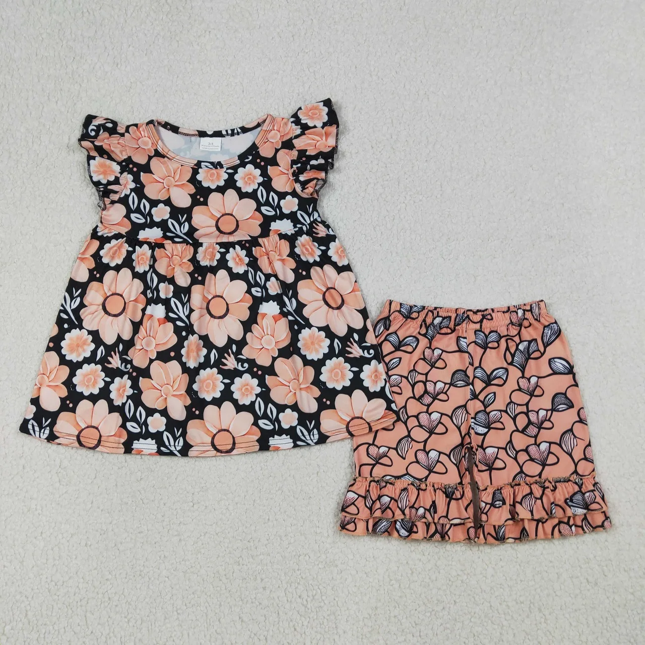 Wholesale Baby Girl Short Sleeves Flower Tunic Kids Ruffle Shorts Girls Summer Clothes Children Toddler Outfit
