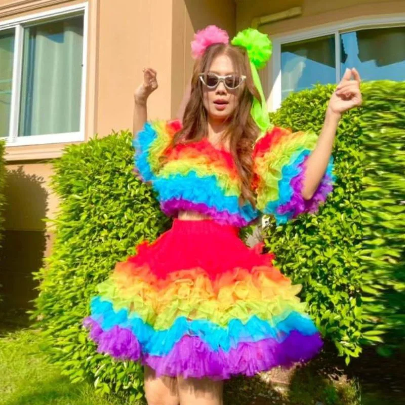 

4 Colors Tulle A Line Short Women Dress Knee Length Ruffled Prom Gowns Rainbow Puffy Dresses Lush Layered Half Sleeves