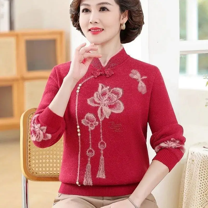 

High End Elegant Women Knitted Sweater Autumn Winter Thicken Warm Velvet Pullover 4XL Large Size Middle Aged Mother Knitwear Top