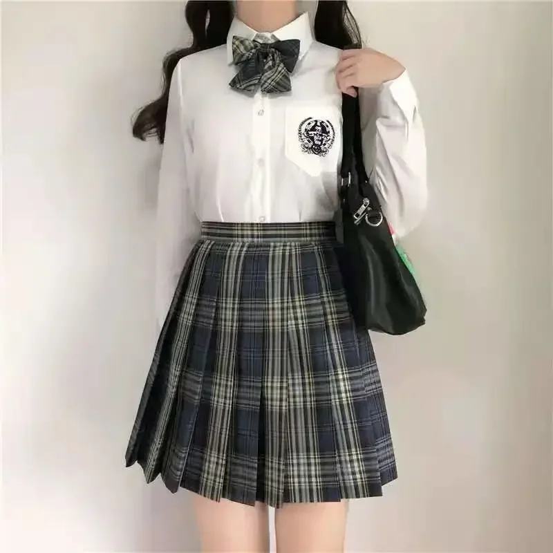 Autumn / Winter Women\'s Skirt Japanese College Style Fashion Pleated Skirt Girl High Waist Plaid Mini Skirt 2-piece Set with Bow