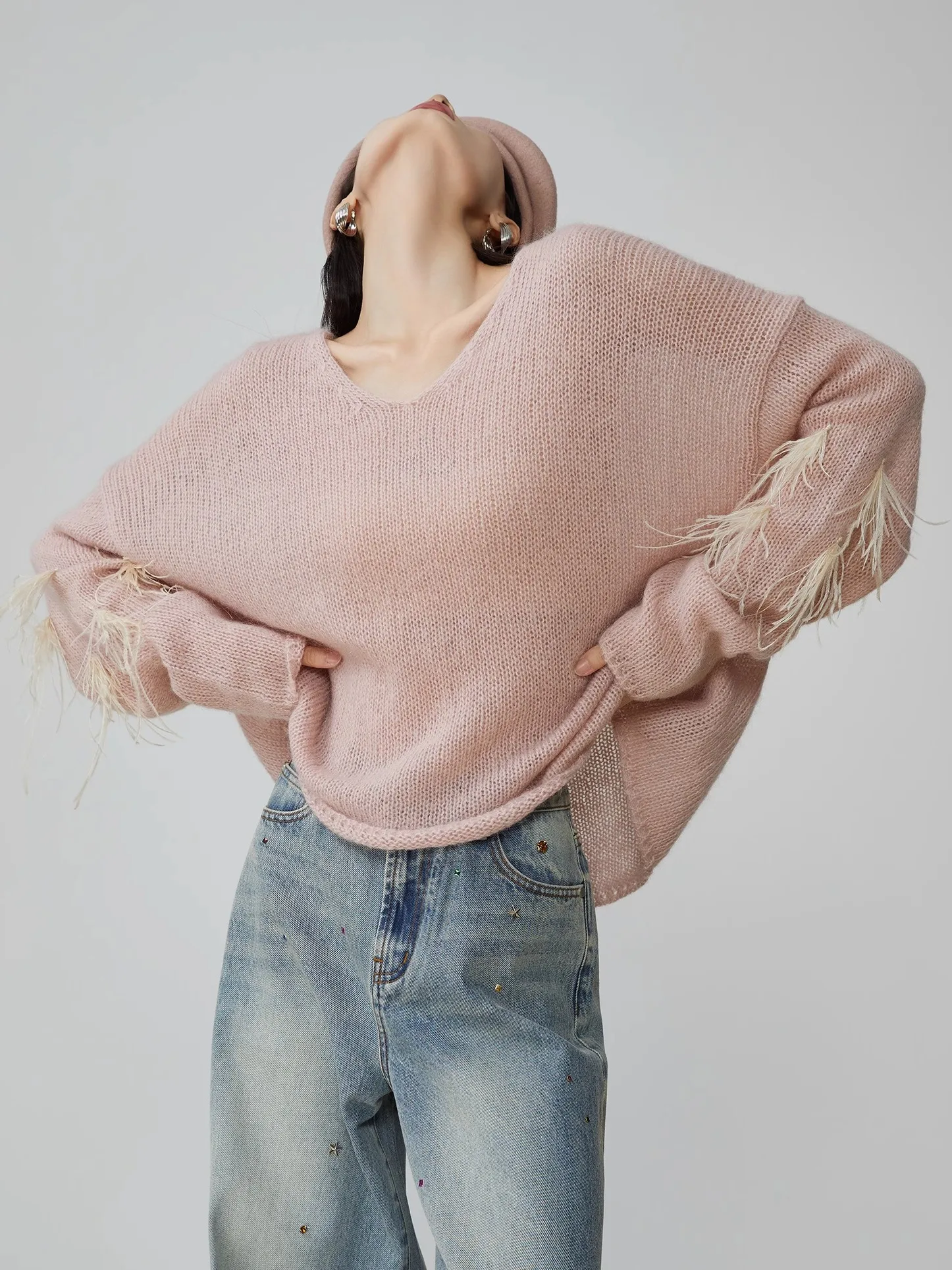 

Розовый вязаный свитер с V-образным вырезом и длинными рукавами, женская тонкая весенняя новинка в корейском стиле, мягкая блузка из полиэфирного волокна для верхней части тела