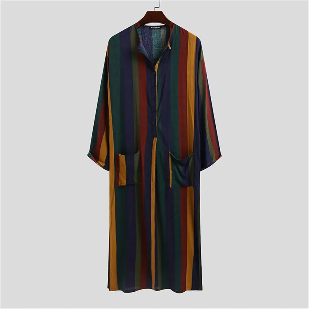 Men Sleep Robe Trendy Muslim Jubba Thobe Men Islam Kaftan Cotton Pakistan Saudi Arabia Djellaba Long Sleeve One-Piece Long Dress