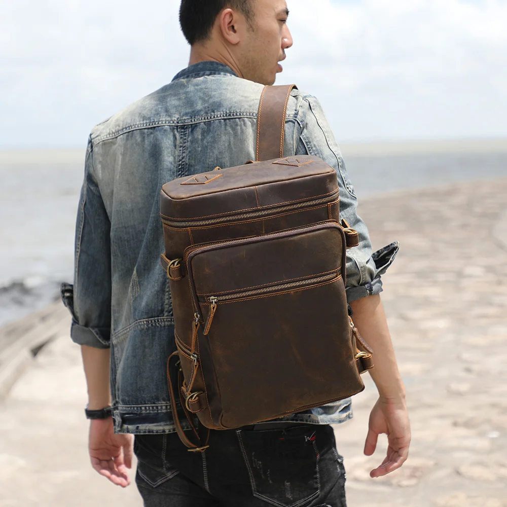 Vintage Echtleder-Rucksack, Laptop-Tasche, Crazy-Horse-Leder-Schultasche, Outdoor-Reise-Weekender-Umhängetasche – Detail 5