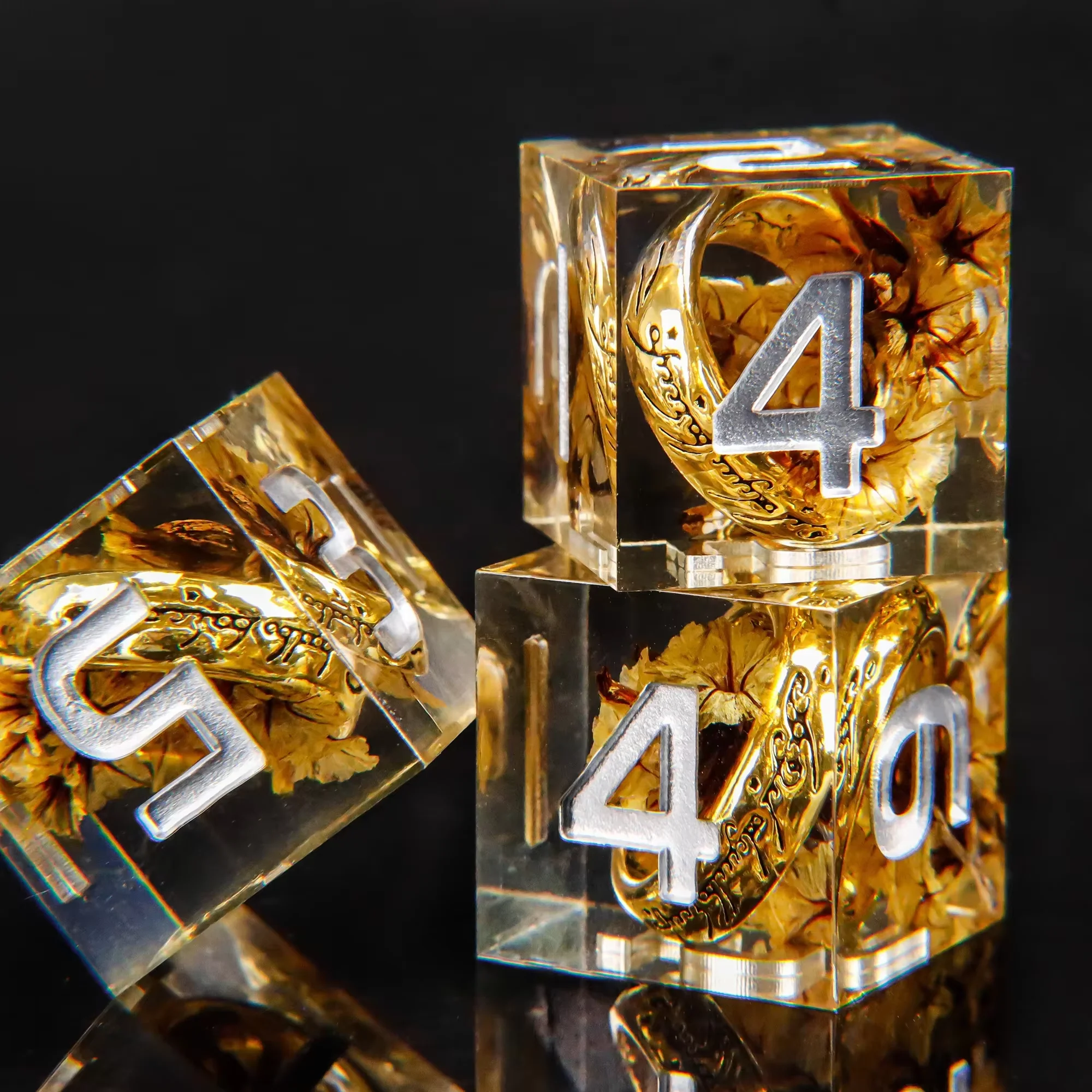 Embedded Golden Ring Sharp Edge Resin Dice Set | Hand Cast Polyhedral Dice, D&D TTRPG Dice for Dungeons and Dragons
