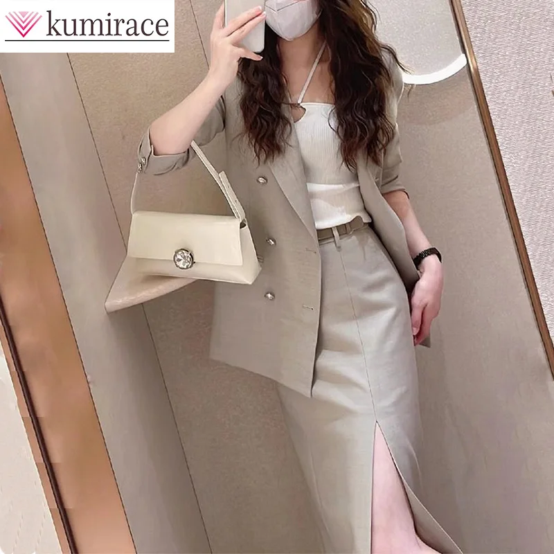 

2024 Spring New Skilled and Elegant High end Hip Wrap Professional Commuter Light Grey Suit Coat Set Skirt Two Piece Set