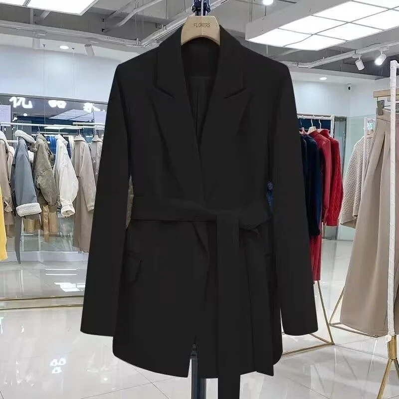 New Black Lace-up Suit Jacket for Spring Autumn Mid-length, Light Luxury Retro Trendy Stylish Suit for Women Elegant Temperament