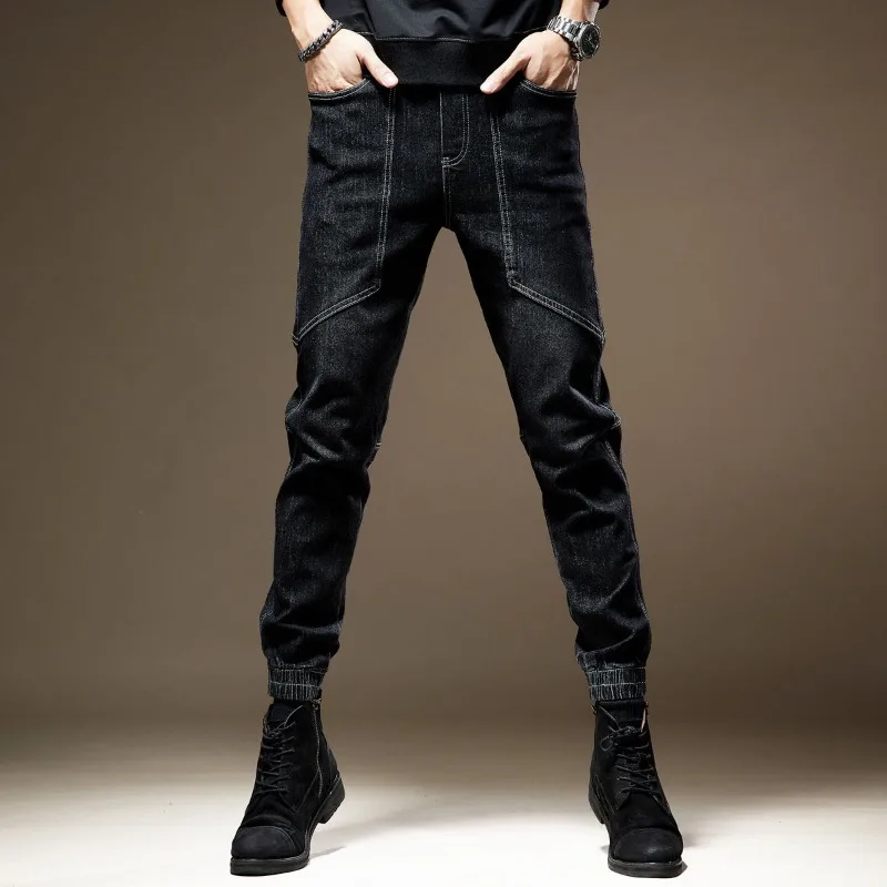 Spring Autumn Casual Pants Multi-Pockets Elastic Designer Denim Male 2023 Streetwear FASHION Splice Black Jeans Slim Fit Trouser