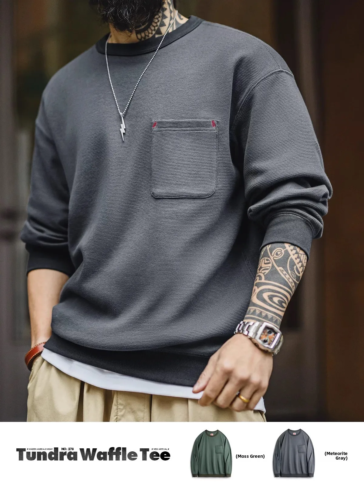 

Maden Casual American Sle Long Sve T-irt with ket round Ne Pullover Loose Fit Spring Faion Urban Cotton Polyest...