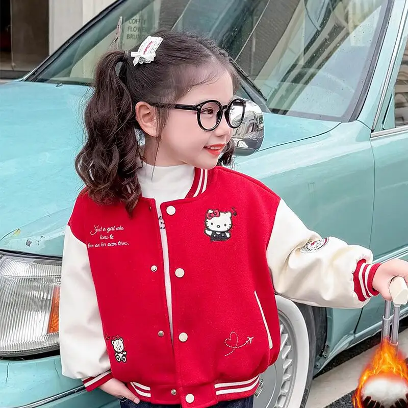 

Sanrio Hello Kitty Winter Baseball Uniform Girl Autumn Winter Thicken Coat Tops Child Kawaii Cartoon Fashion New Casual Clothing