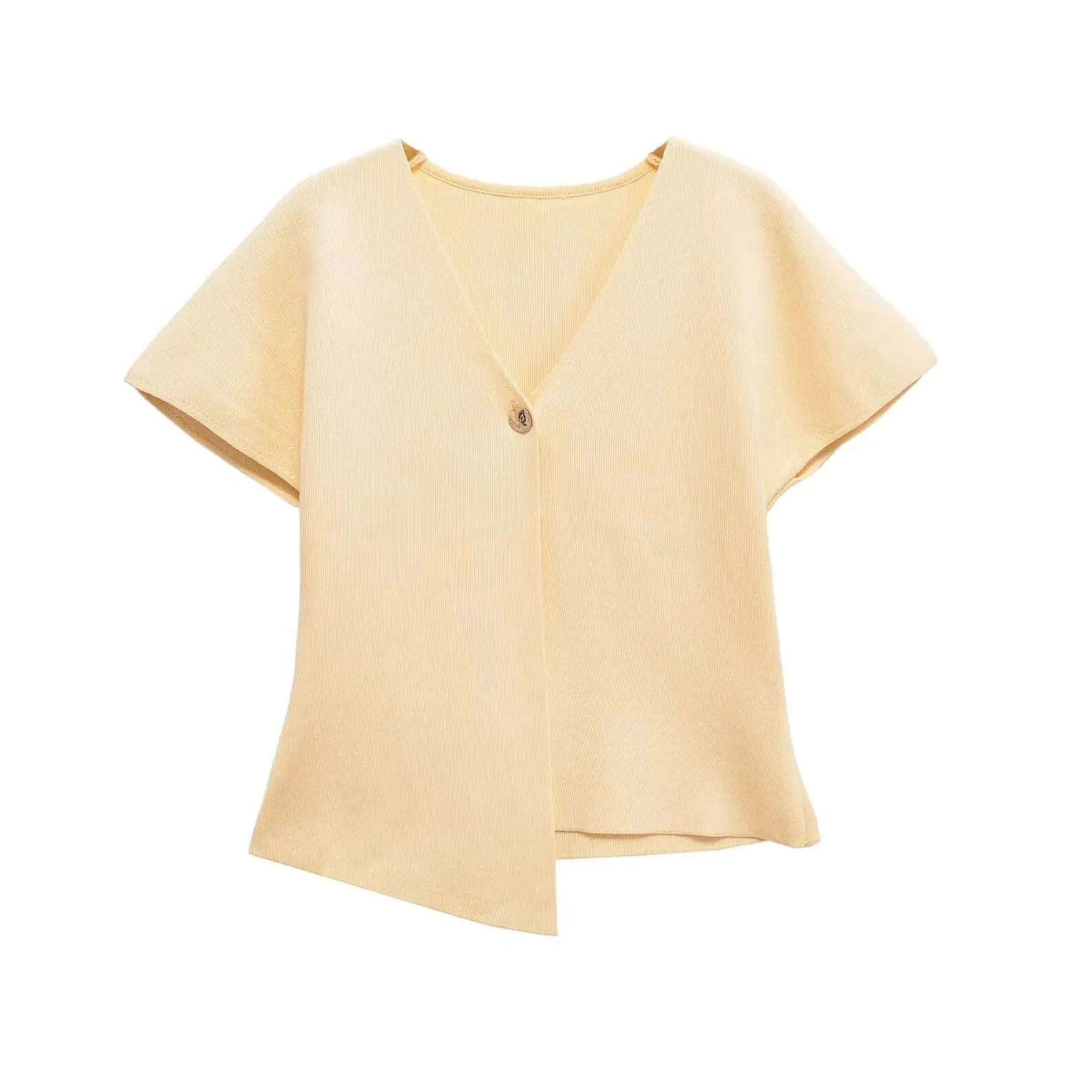 KONDALA Chic Yellow Casual Asymmetric Short Sleeve Woman Knitwear Fashion 2025 Autumn V-Neck Single Button Slim Mujer Sweaters