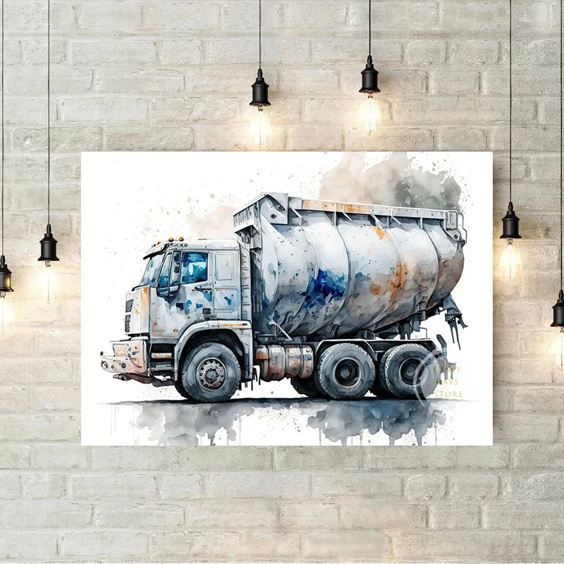 Watercolor Child Toy Car Poster Construction Truck Fire Engine Ambulance Canvas Painting Nordic Wall Art Picture Kids Room Decor