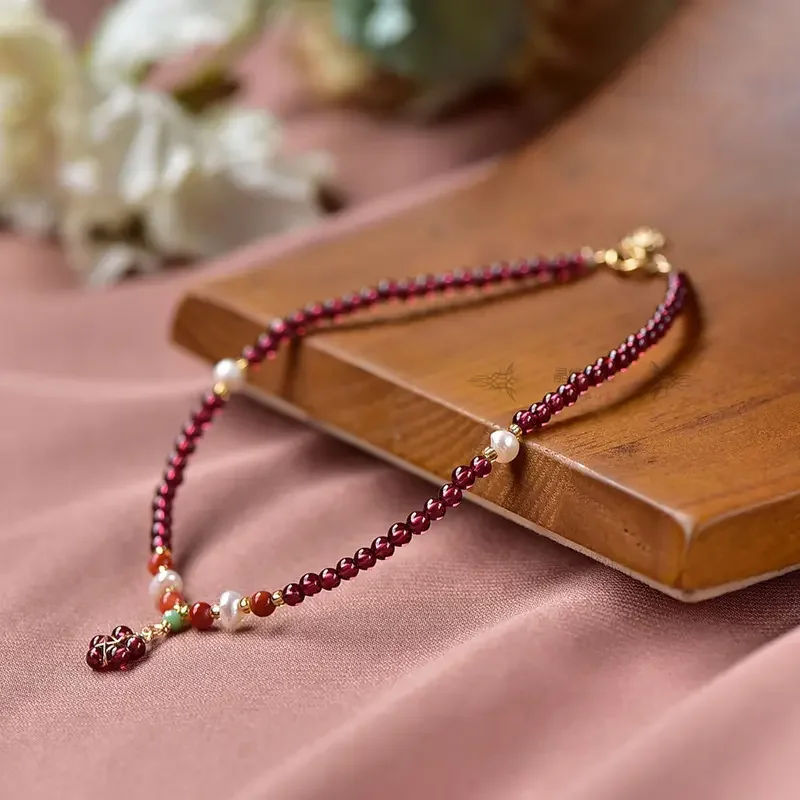 Natural Wine Red Garnet Anklet Female Ins Niche Design Student's Year Anklet Lucky Jewelry Wangfu Stone To Ward Off Evil Spirits