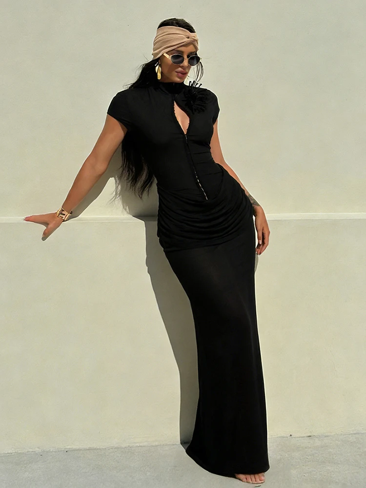 Kliou Sexy durchsichtiges langes Kleid für Damen, Applikationsdekoration, O-Ausschnitt, kurze Ärmel, gerüschte Robe mit hoher Taille, eleganter Stil, Vestidos