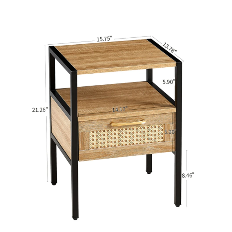 Tavolino in rattan da 15,75" con cassetto, comodino moderno, gambe in metallo, tavolino per soggiorno, camera da letto, naturale (1 pz)