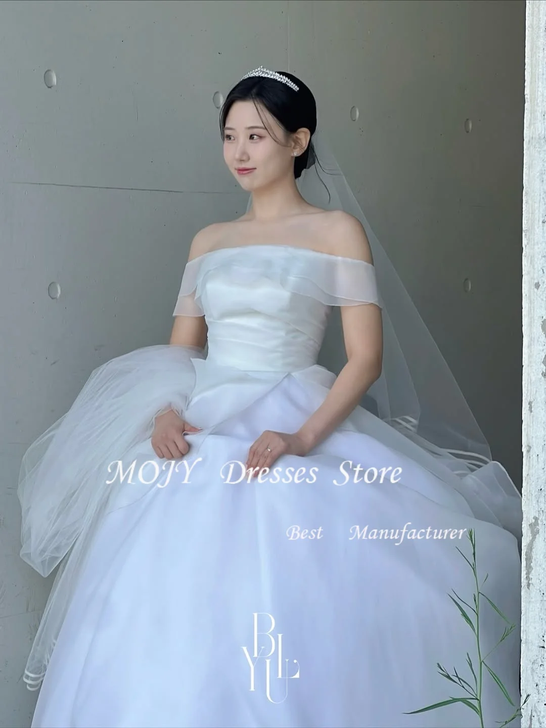 Mojy مخصص الكورية ألف خط مشد الطية الطابق طول فساتين الزفاف المفاجئة الزفاف فستان الزفاف كوريا تبادل لاطلاق النار الصورة الأورجانزا #3