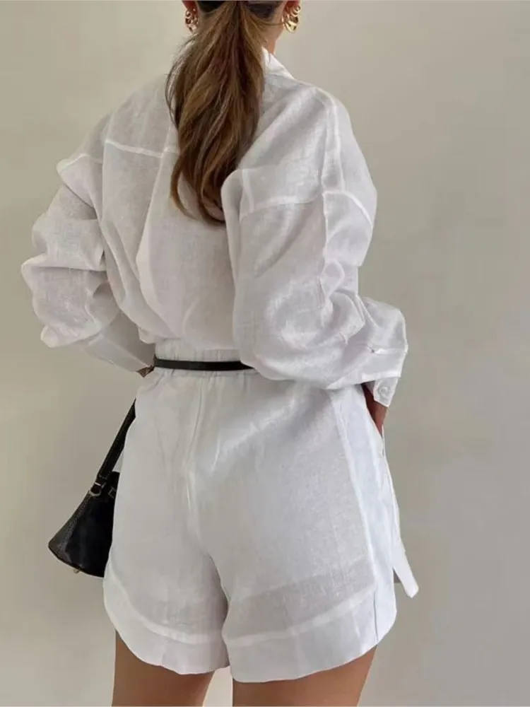 

New Summer Casual Solid Color Long Sleeve Two Piece Set Casual Button Shorts Outfit With Shirt Top Women's Fashion Female Suit