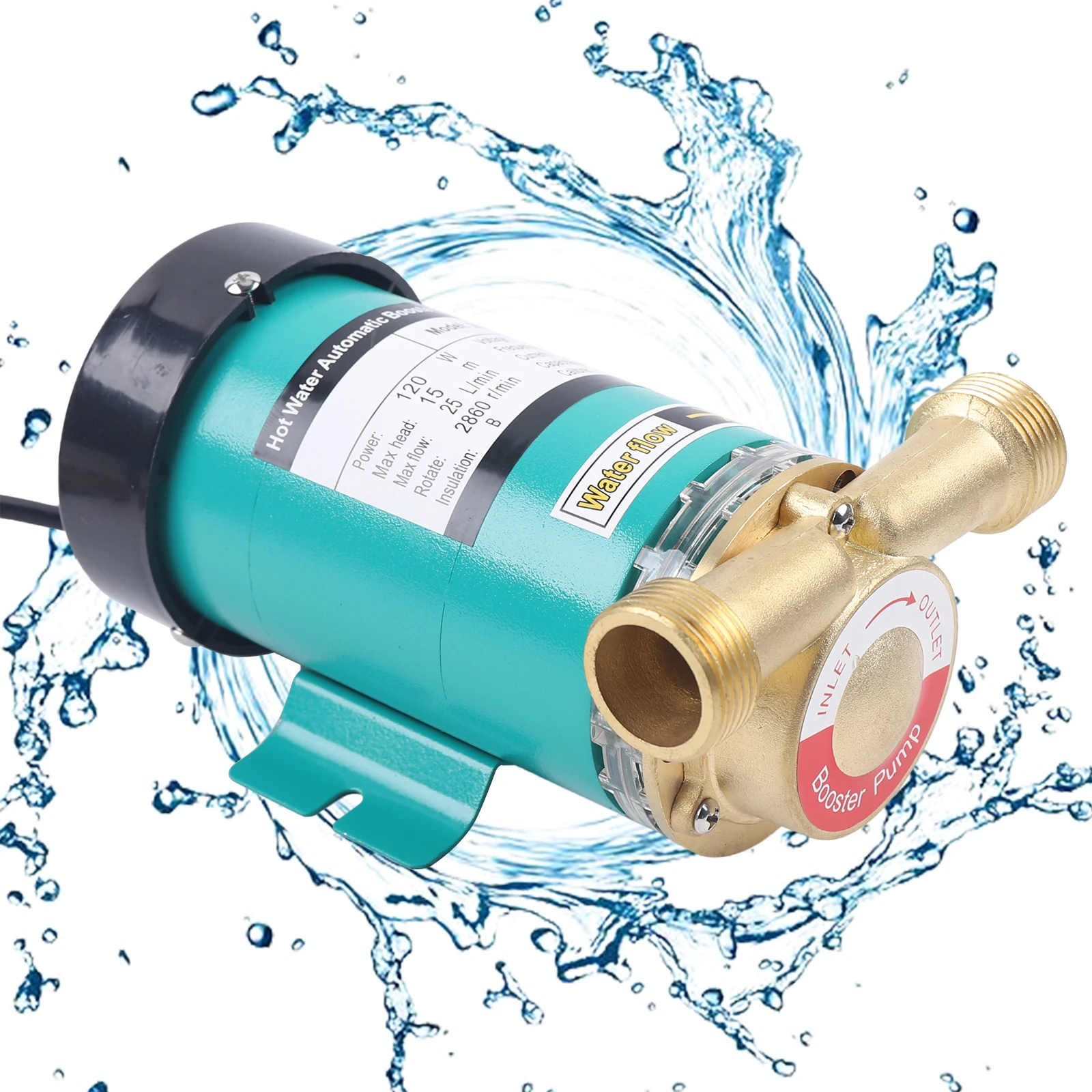 Booster Pressure Pump Automatic Hot Cold Water Circulation Pump w/Brass Water Flow Switch for Home Pond Fountain 25L/min 120W