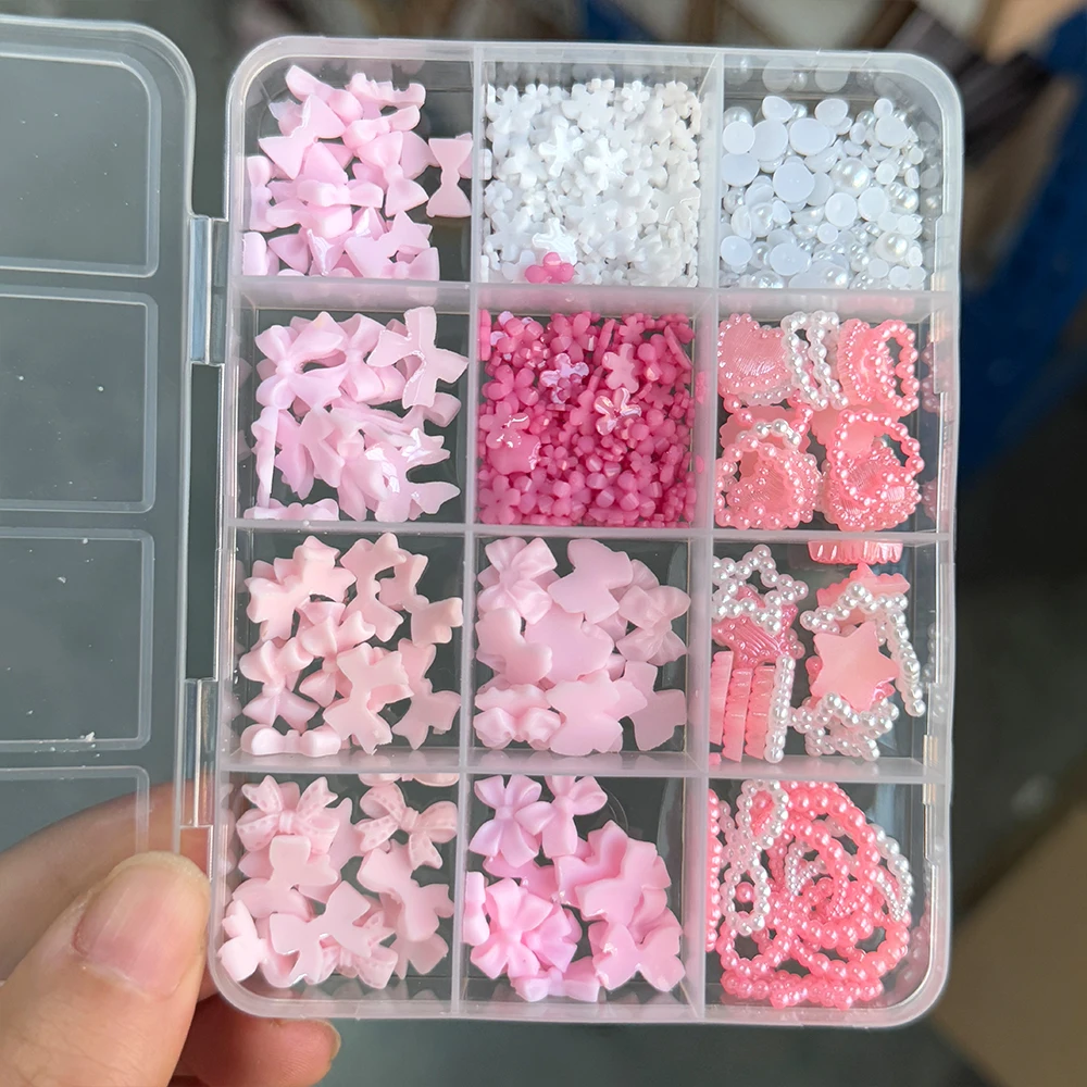 12 grades/caixa colorido bowknot pérola prego encantos 3d resina mista arco rosa/branco pérola coração estrela lua prego strass peças kawaii
