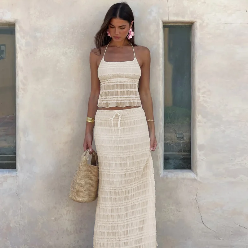 

Boho Sexy Backless Long Skirt Suit Women's Beach Holiday Outfits Vintage Ruched Halter Cami Tops + Lace Up Fold Maxi Skirts Sets