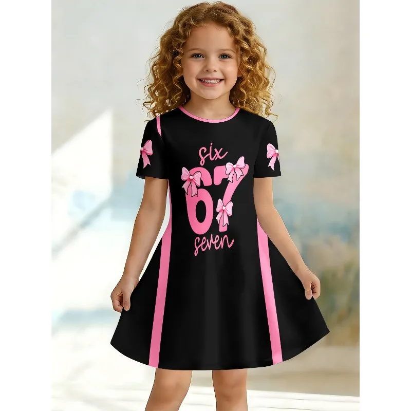 Mädchenkleid mit rosa Schleifenmuster für 6 oder 7 Jahre, schwarzes Freizeit-T-Shirt-Kleid für Kinder, geeignet für Geburtstagsfeiern und als Geschenk.