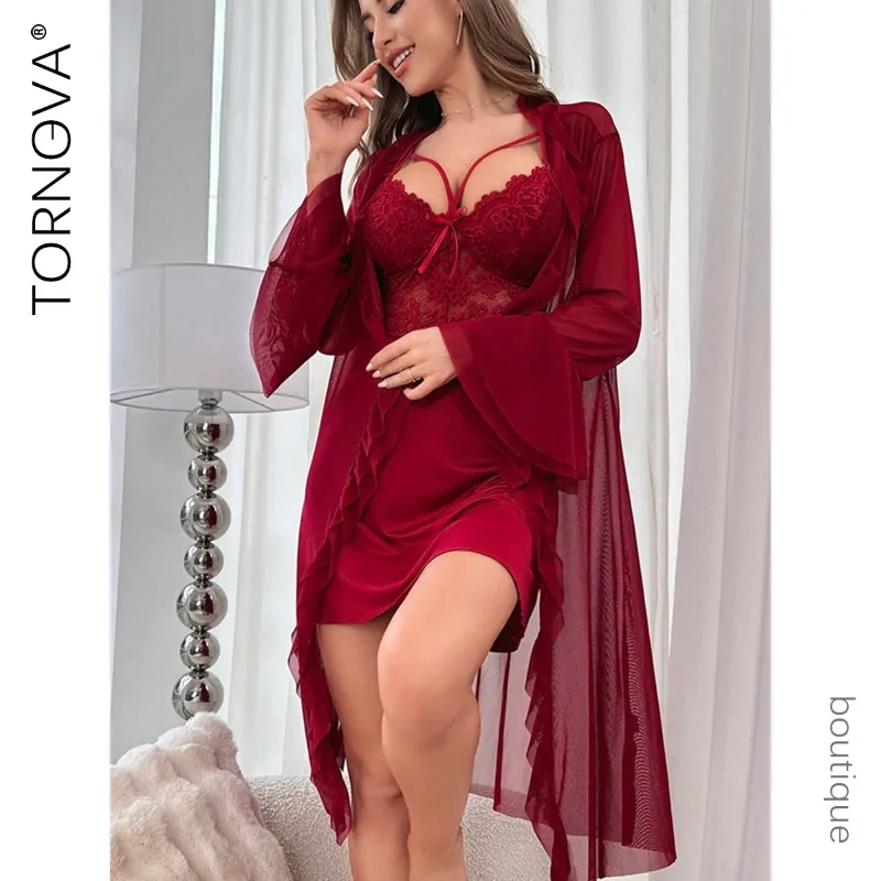 

Tornova Erotic Robe Bodysuit Pajamas Women Lace See-through Elegant Body Shaping Sexy Pure Desire Premium Hot Sleeping Skirt Set