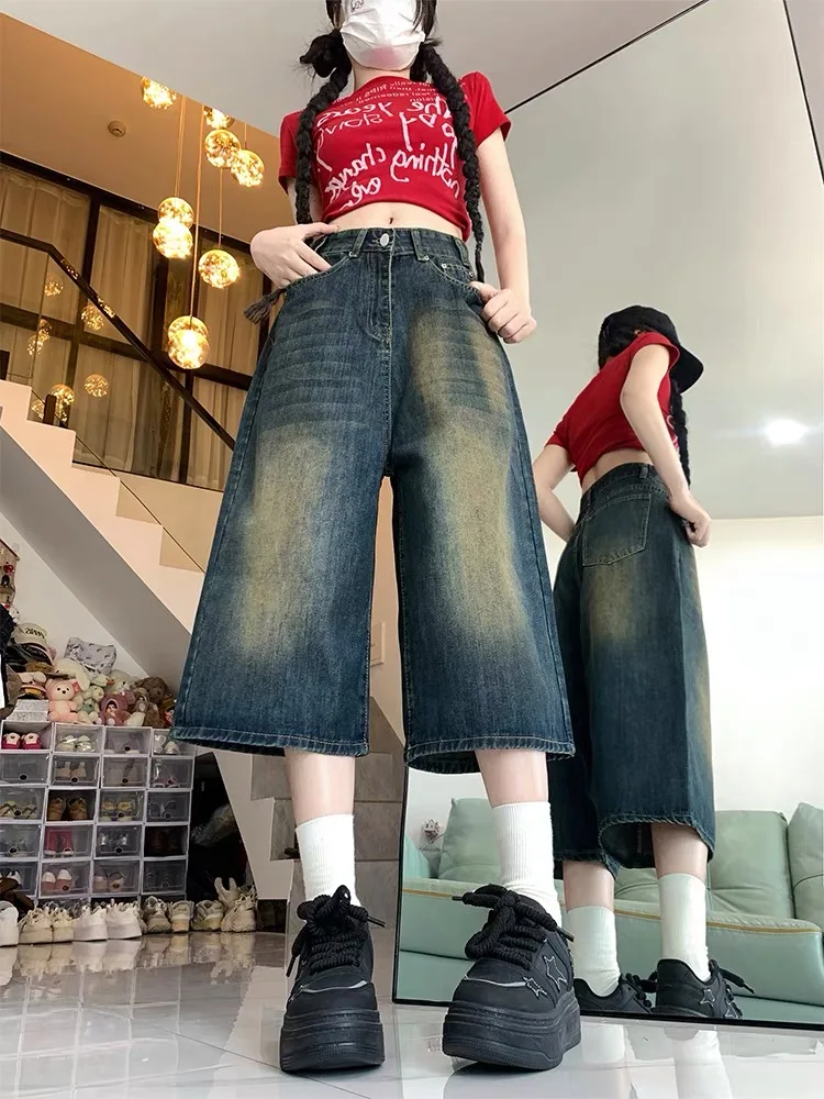 Plones cortos de mezclilla de pierna ancha azules Retro americanos para mujer, plones cortos hoados de talla pequeñ...