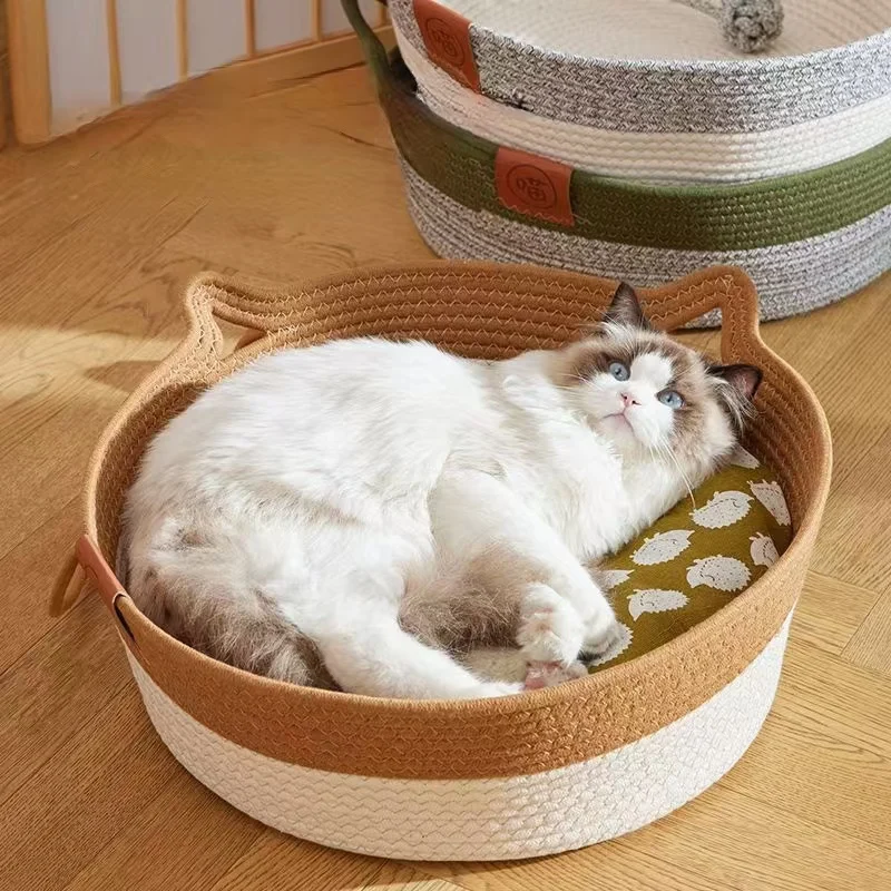 Cama redonda de ratán tejida a mano para gato, cesta de algodón con cuerda para rascar, estilo japonés, ideal para verano